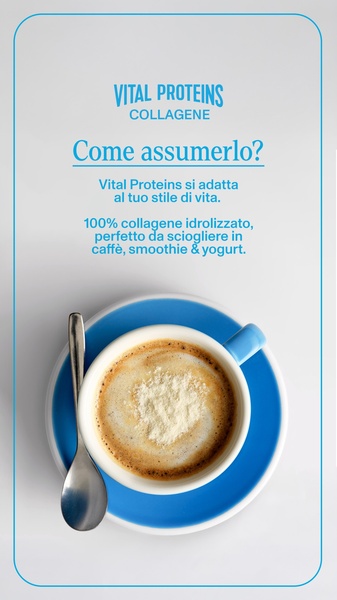 A minimalist advertisement for collagen powder, showing the product being added to a morning cup of coffee to demonstrate ease of use.